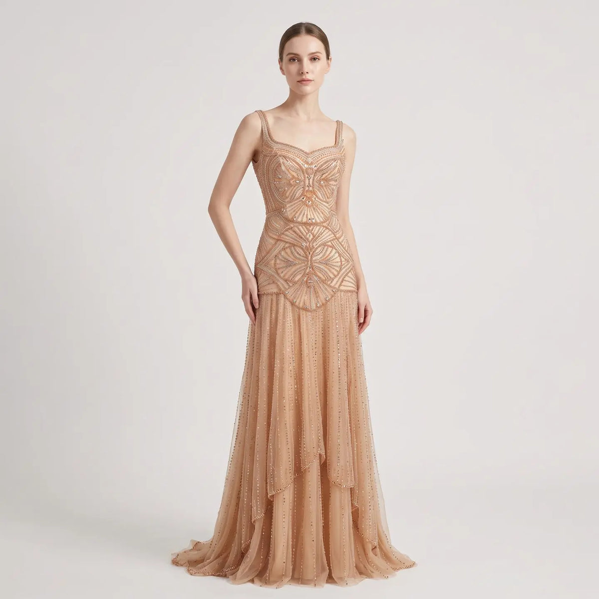 Elegant Champagne Ruffled Beaded Evening Dress SS552