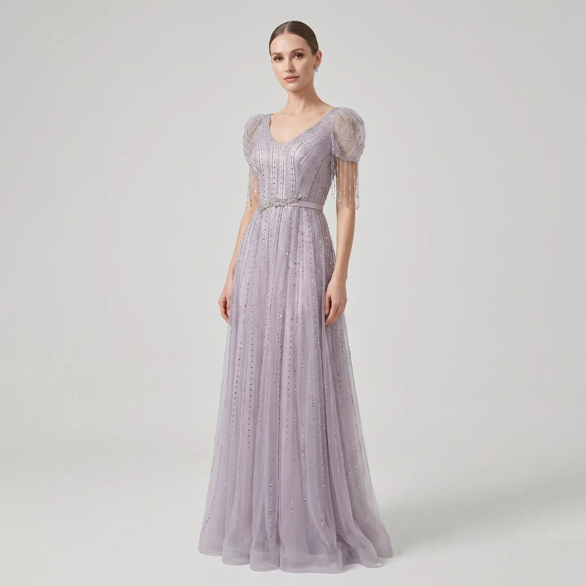 Vintage Lavender Beaded Crystal V-Neck Fringe Sleeve Evening Dress SS199