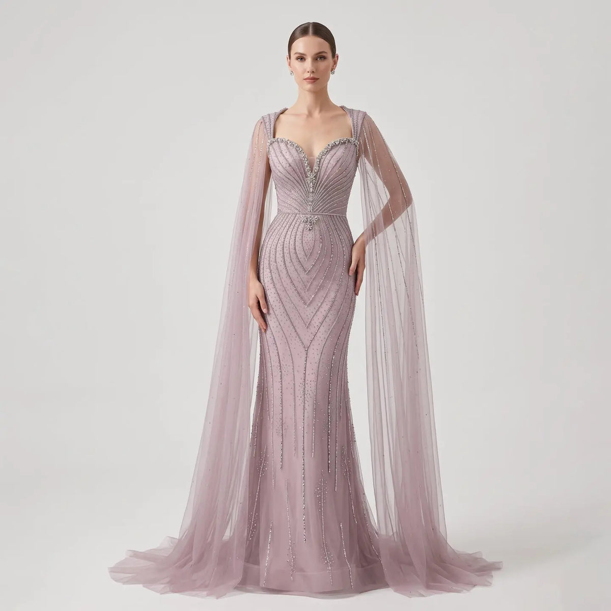 Luxury Pink Sweetheart Beaded Evening Dress with Cape Sleeve SS130