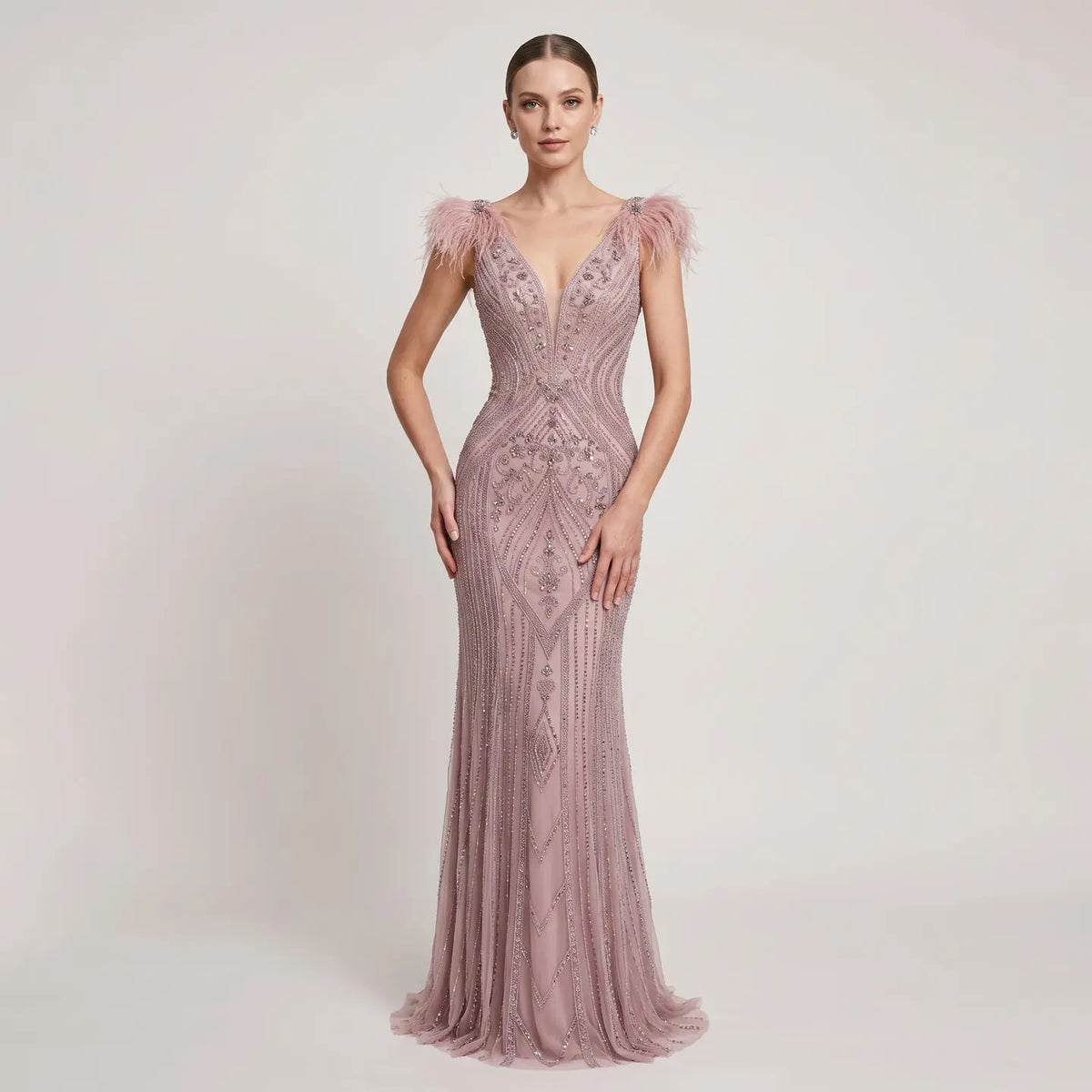 Dreamy Pink V-Neck Feather Trim Beaded Mermaid Evening Dress SS122