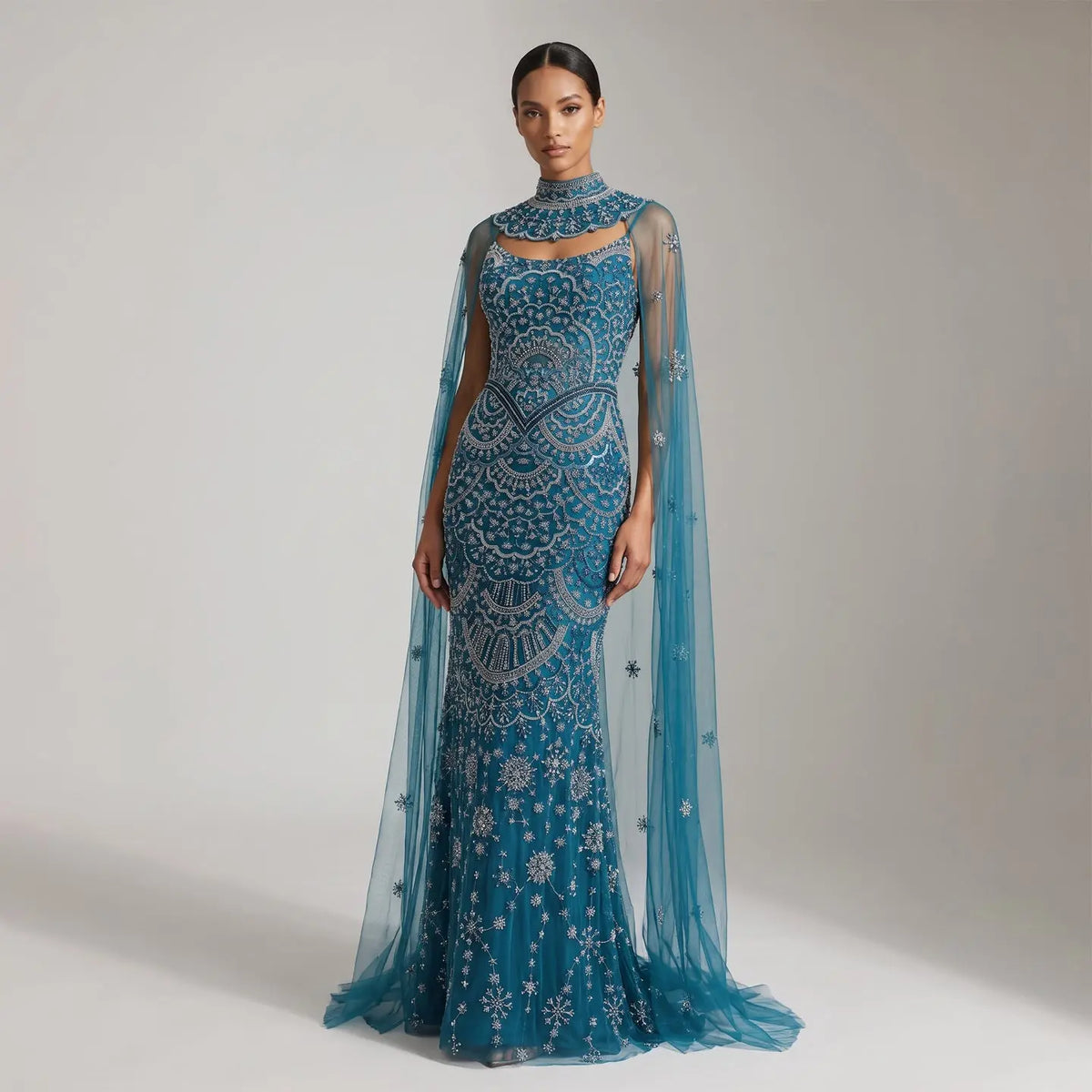 Luxury Teal Beaded Halter Neck Cape Mermaid Evening Dress SS028