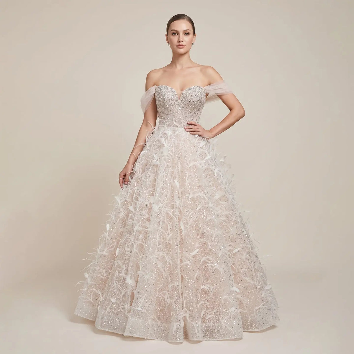 Luxury Peach Feather Strapless Ball Gown Evening Dress SS724
