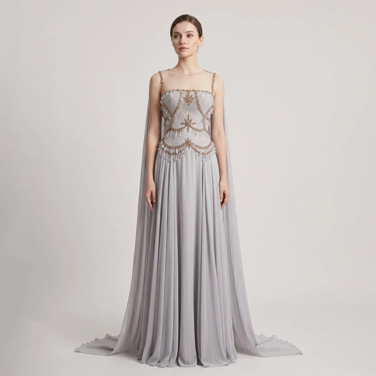 Elegant Silver Gold Large Crystal Evening Dress with Cap SS517