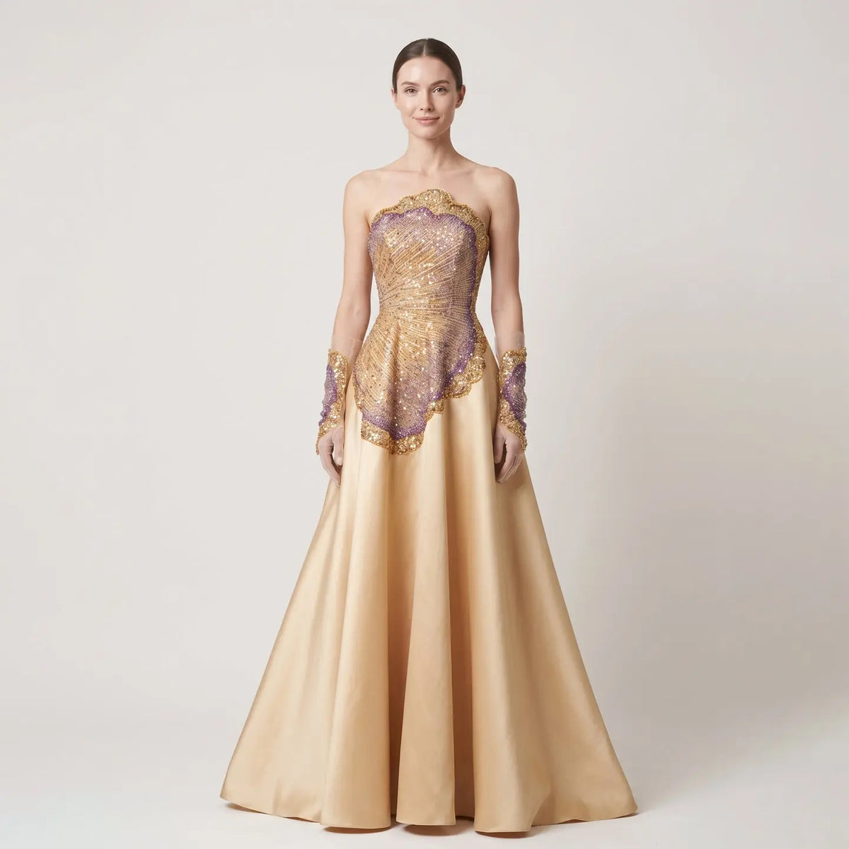 Luxury Strapless Crystal Beaded Evening Dress with Flowing Champagne Satin Skirt SS377