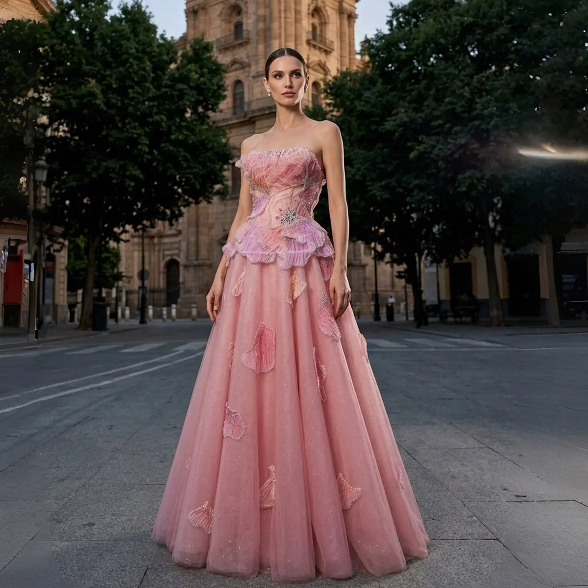 Luxury Chic Beaded Pink 3D Floral Ball Gown Evening Dress SS749