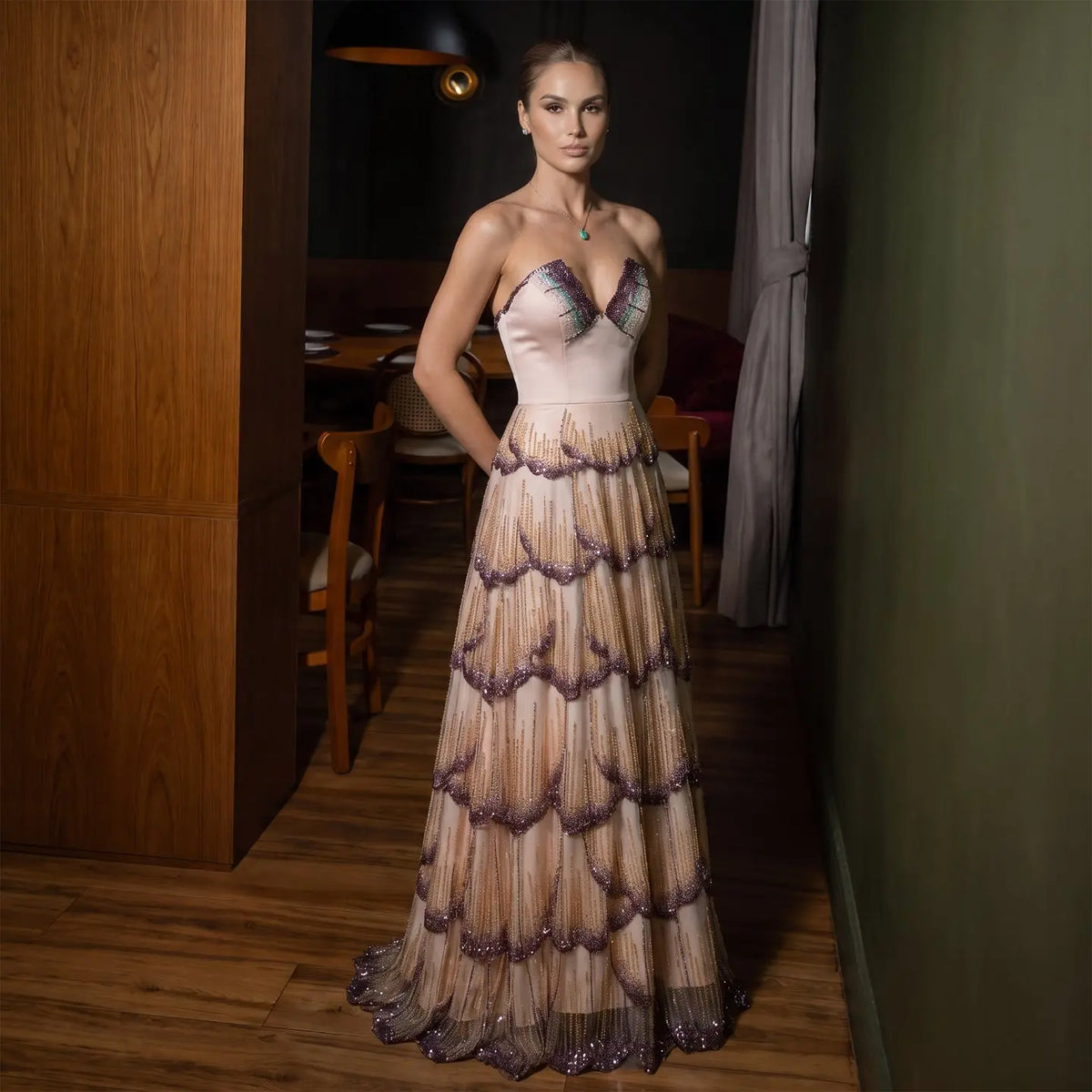 Luxury Mixed Purple Beaded Sequin Tiered Strapless A-Line Evening Dress SS657