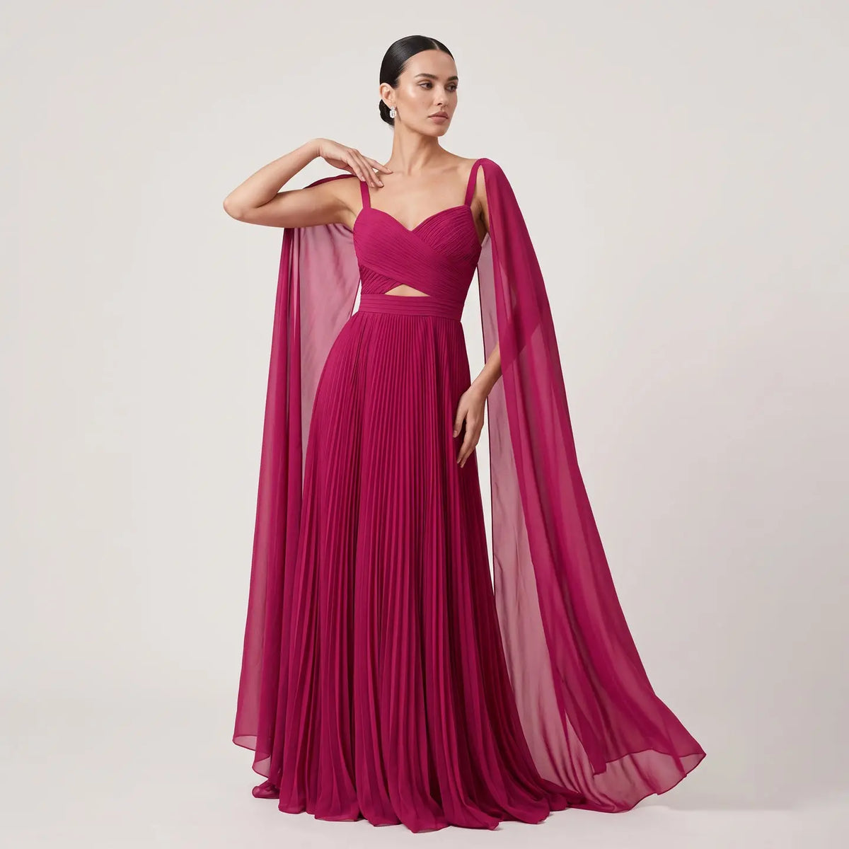 Elegant Fuchsia Chiffon Evening Dress with Cape Sleeves SF090