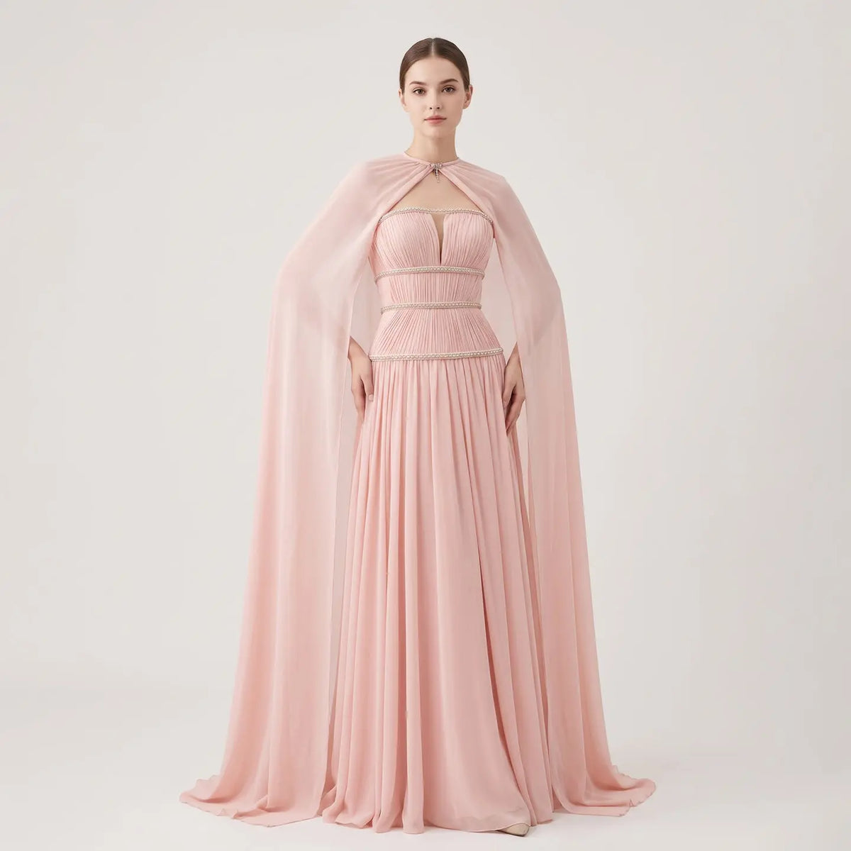 Pink Chiffon Cape Beaded Evening Dress SF420