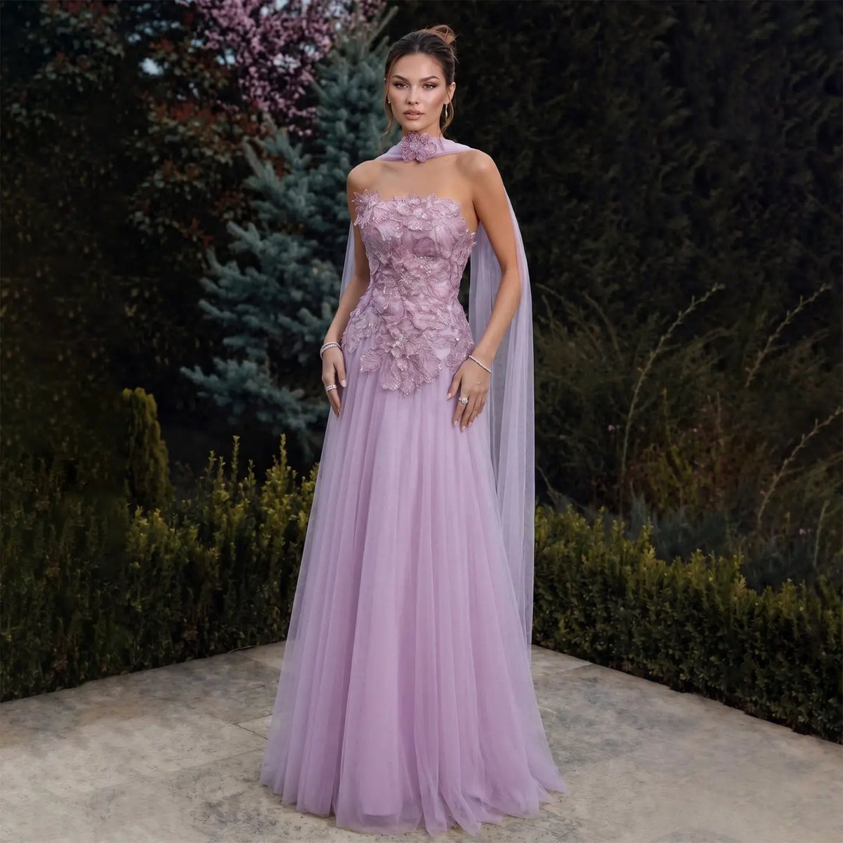 Luxury Pink 3D Floral Strapless Tulle Cape Evening Dress with Scarf SS239