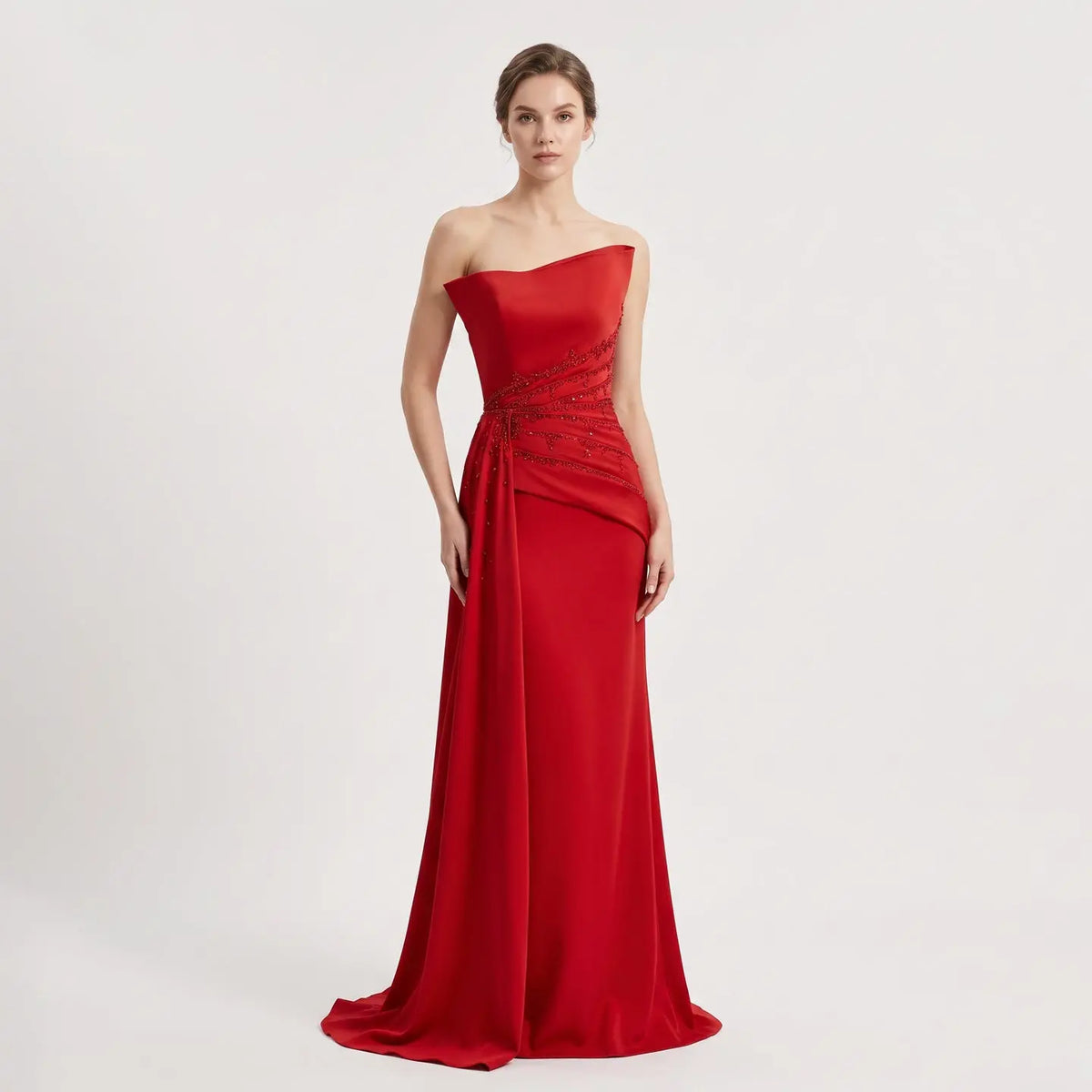 Elegant Crystal Red Mermaid Evening Dress with Overskirt SF514