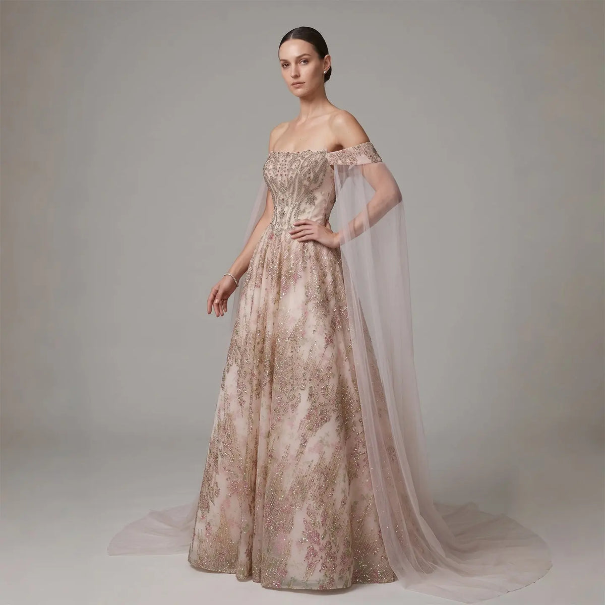 Luxury Rose Gold Gradient Beaded Evening Dress with Cape Sleeve SS726