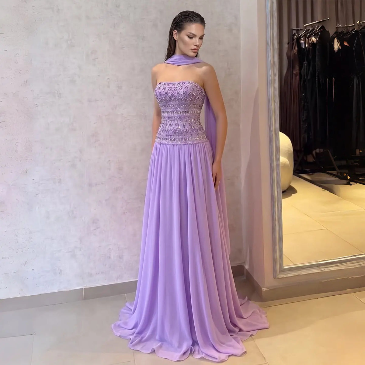 Strapless Lilac Beaded Bodice Evening Dress with Flowing Skirt SS539