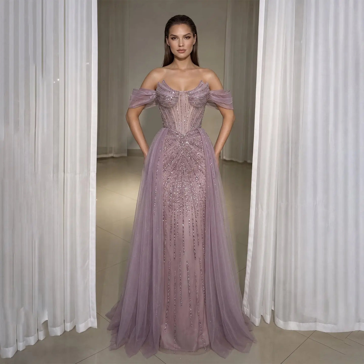Glamorous Pink Off-the-Shoulder Beaded Crystal Corset Evening Dress SS120
