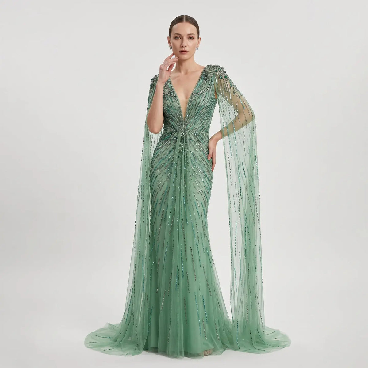 Luxury Dubai Green Evening Dresses with Cape Fuchsia Crystal Gold SS399