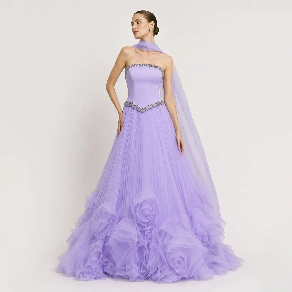 Luxury Lilac 3D Floral Strapless Tulle Evening Dress with Scarf SS620