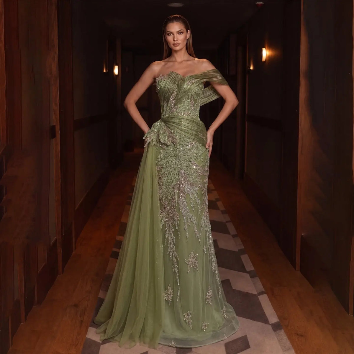 Romantic Gradient Green Draped Beaded Mermaid Evening Dress with Overskirt SS293