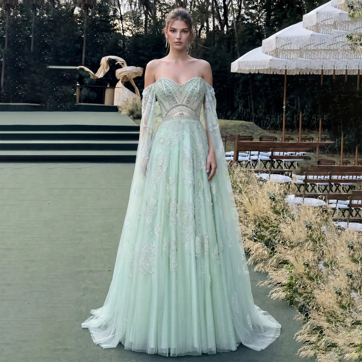 Luxury Sage Green Beaded Off-the-Shoulder Floral Tulle Evening Dress SS754