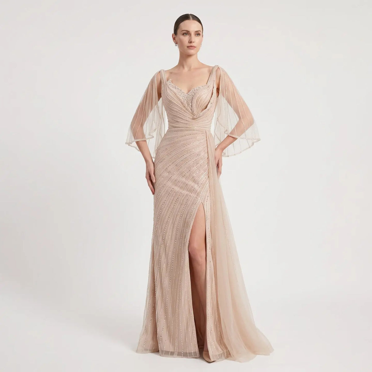 Elegant Champagne V-Neck Beaded Evening Dress with Cape Sleeves SS063