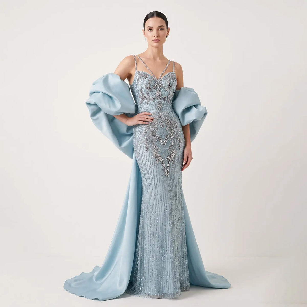 Luxury Blue Beaded Big Cape Mermaid Fitted Evening Dress with Overskirt SS730