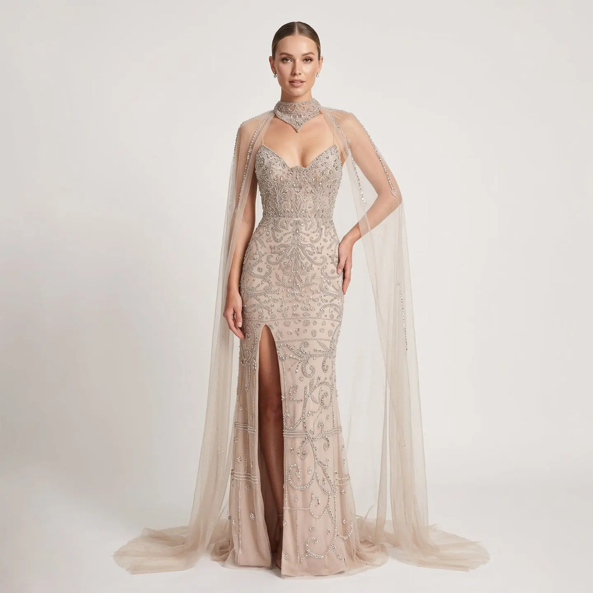 Edgy Champagne High Neck Beaded Mermaid Evening Dress with Cape and Slit SS135