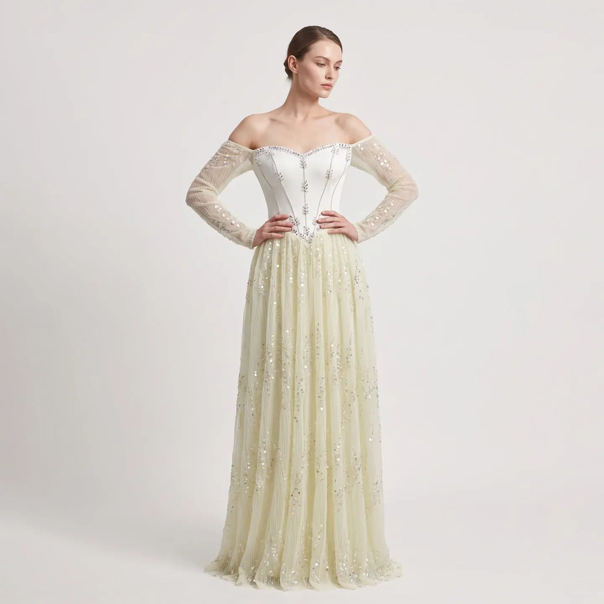 Beige Crystal Beaded Mesh Sleeve Evening Dress SS628
