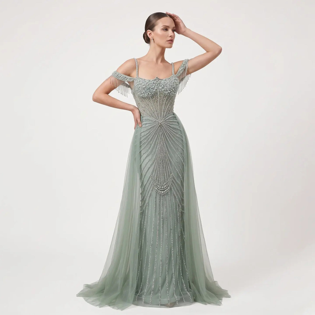 Green Beaded Evening Dress with Overskirt SS121