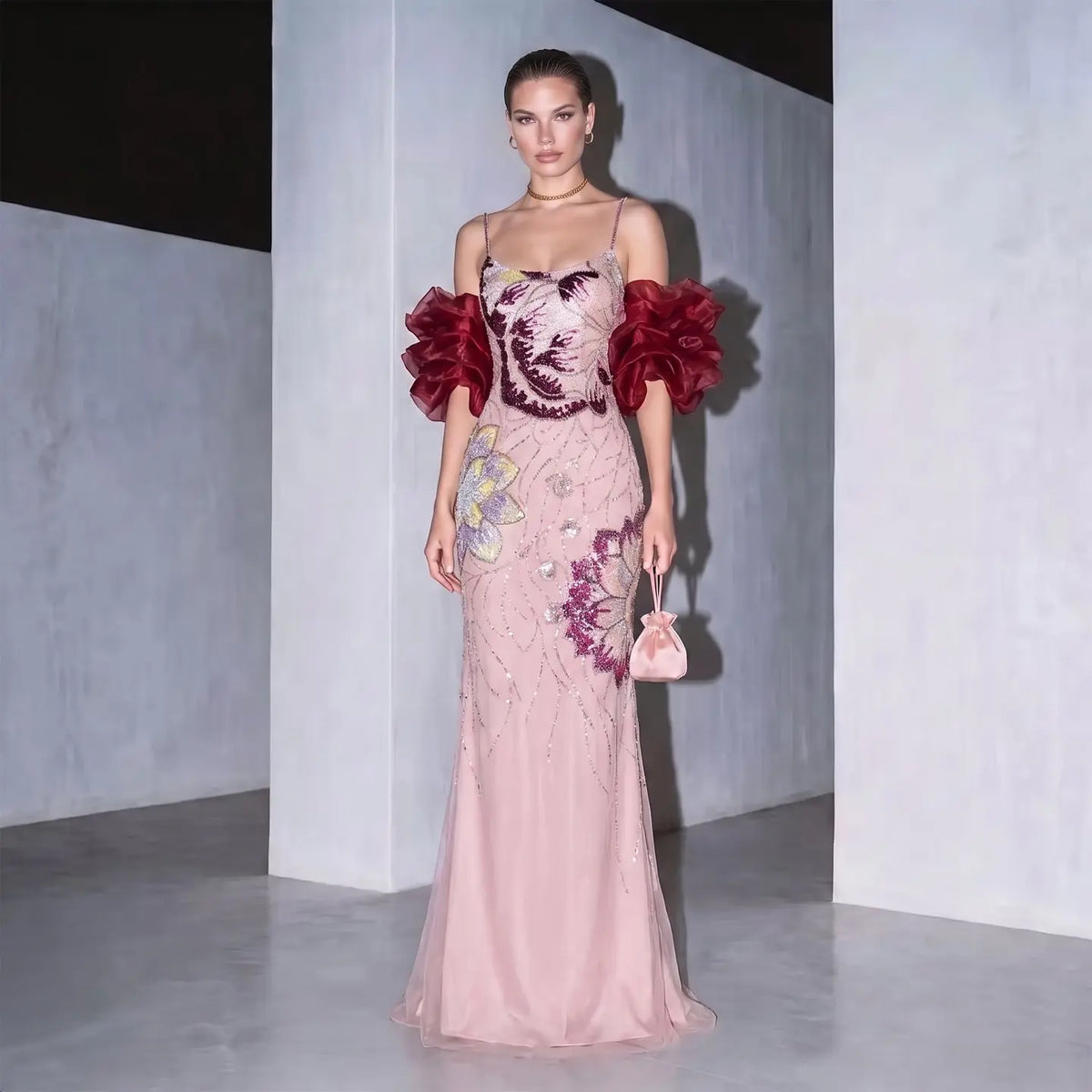 Luxury Pink Floral Beaded Evening Dress with Burgundy Shawl SS515