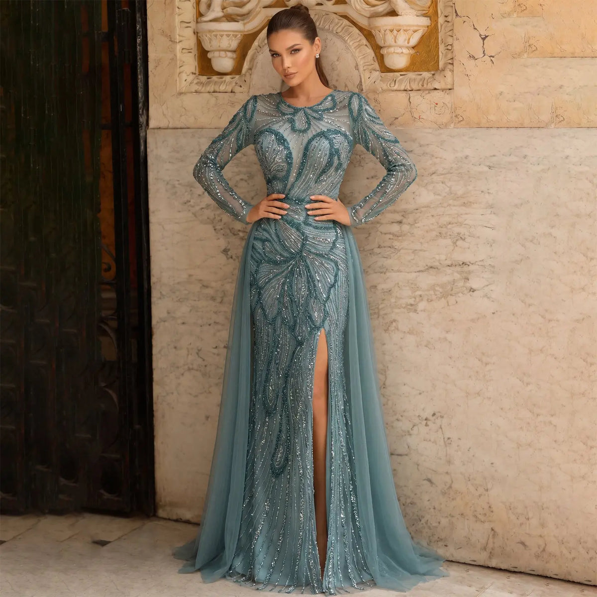 Luxury Green Beaded High-Slit Evening Dress with Overskirt SS160
