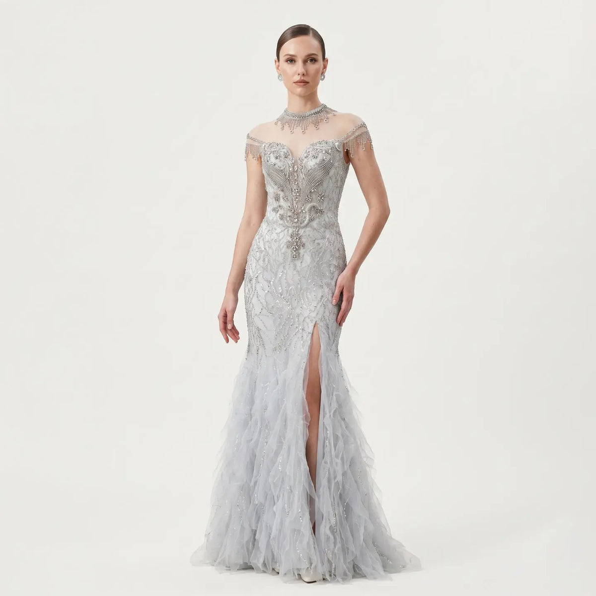 Luxury Silver Gray Beaded Tulle Mermaid Train Evening Dress SS746