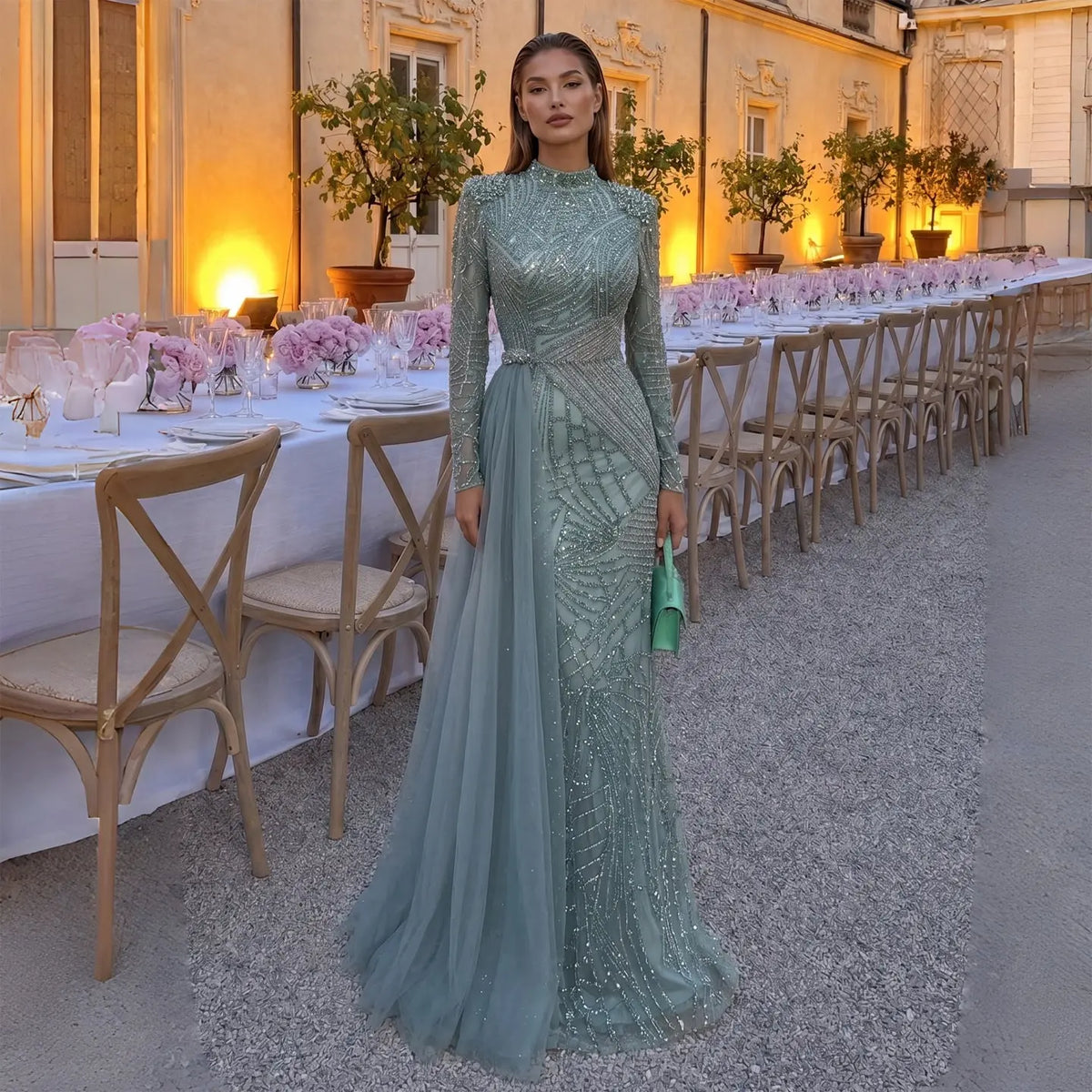 Glamorous Beaded Turquoise Evening Dress with Overskirt and Slit SS064-1
