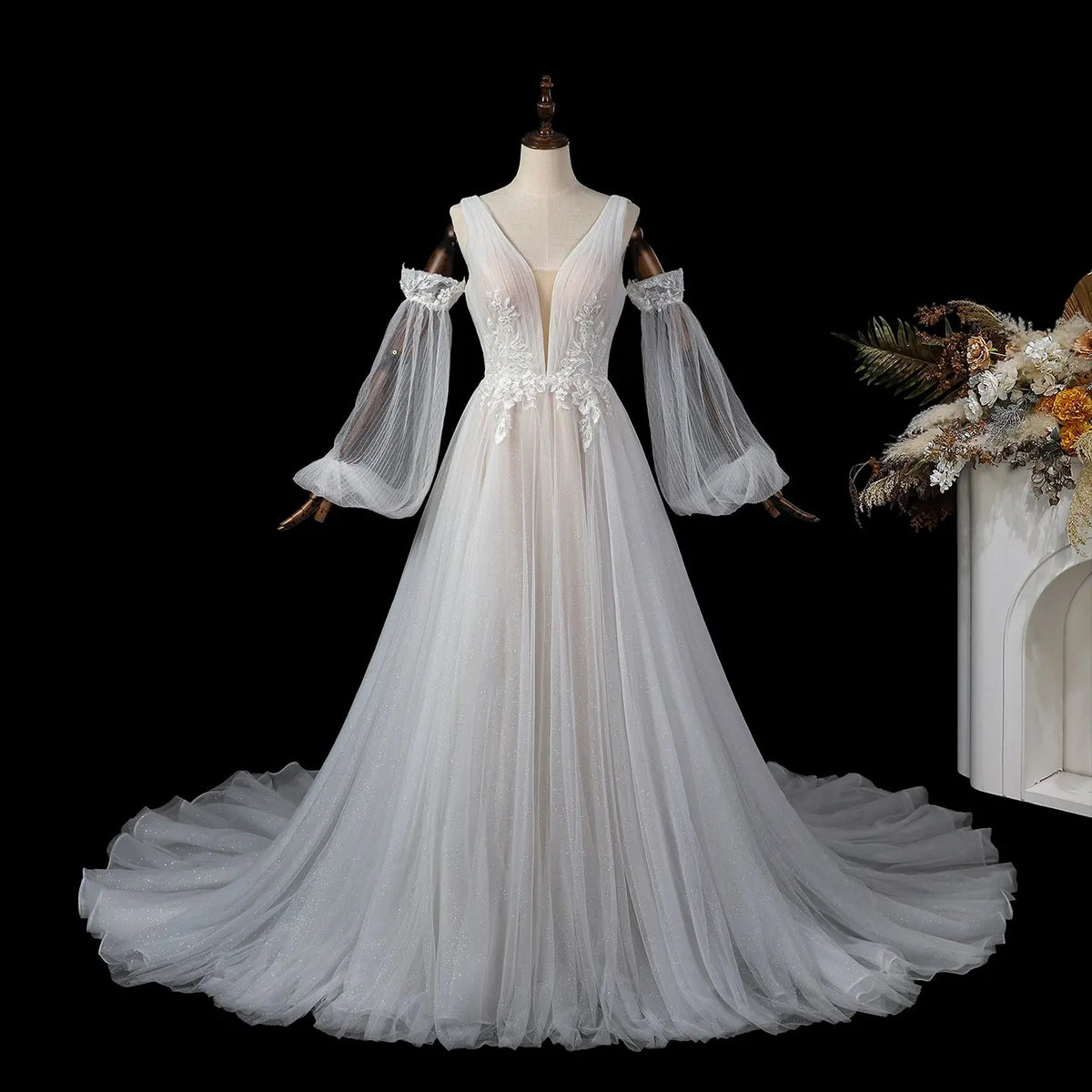 Ivory Puff Sleeve Lace Wedding Dress SW708