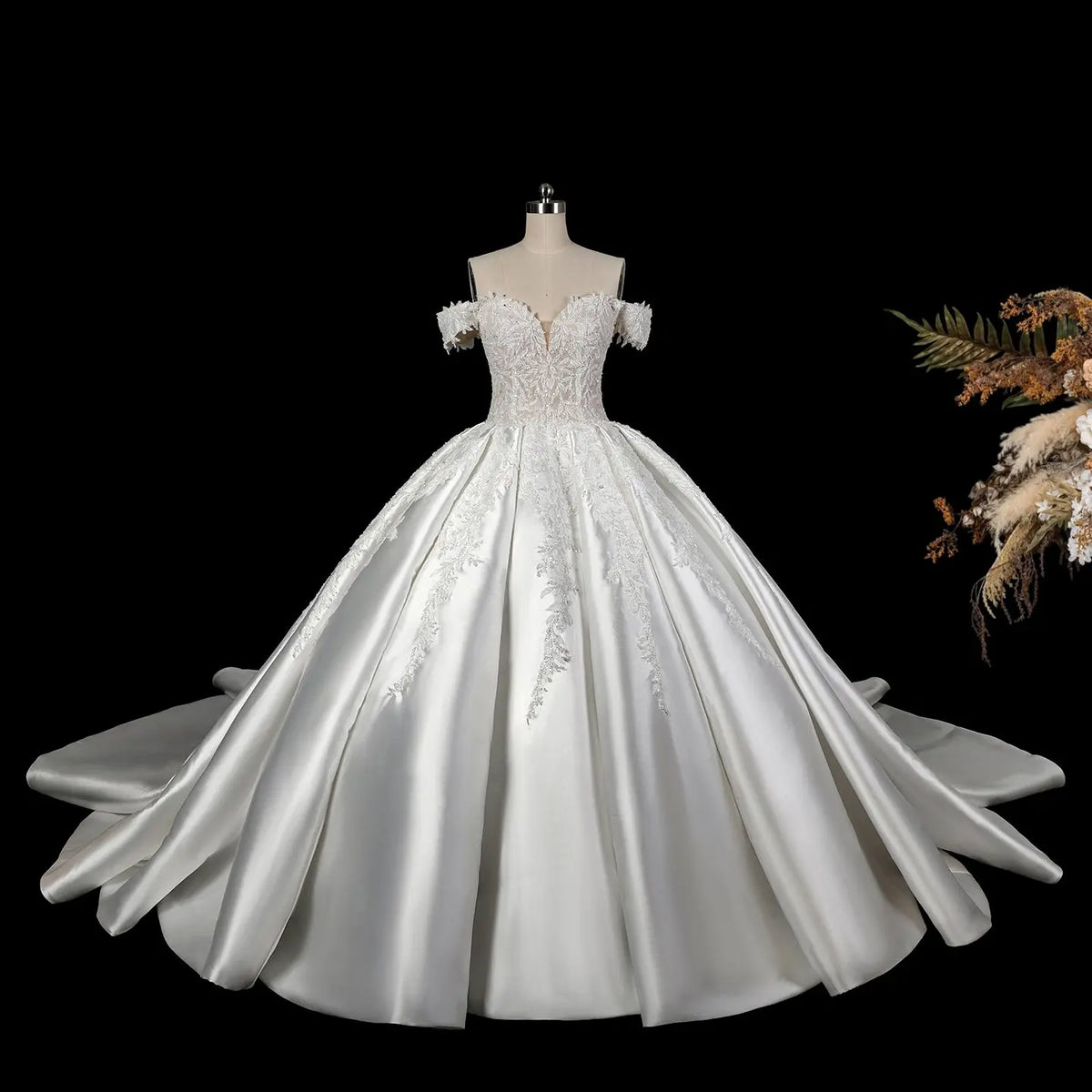 White Lace Satin Ball Gown Wedding Dress SW701
