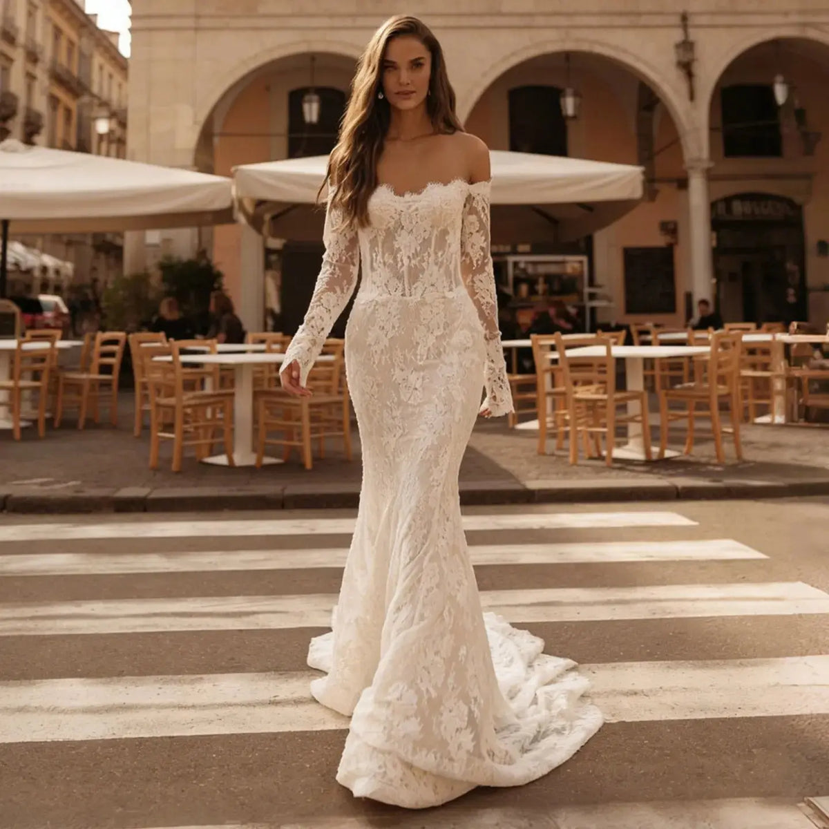 Romantic Off-the-Shoulder Lace Mermaid Wedding Dress with Tulle Overlay SW172