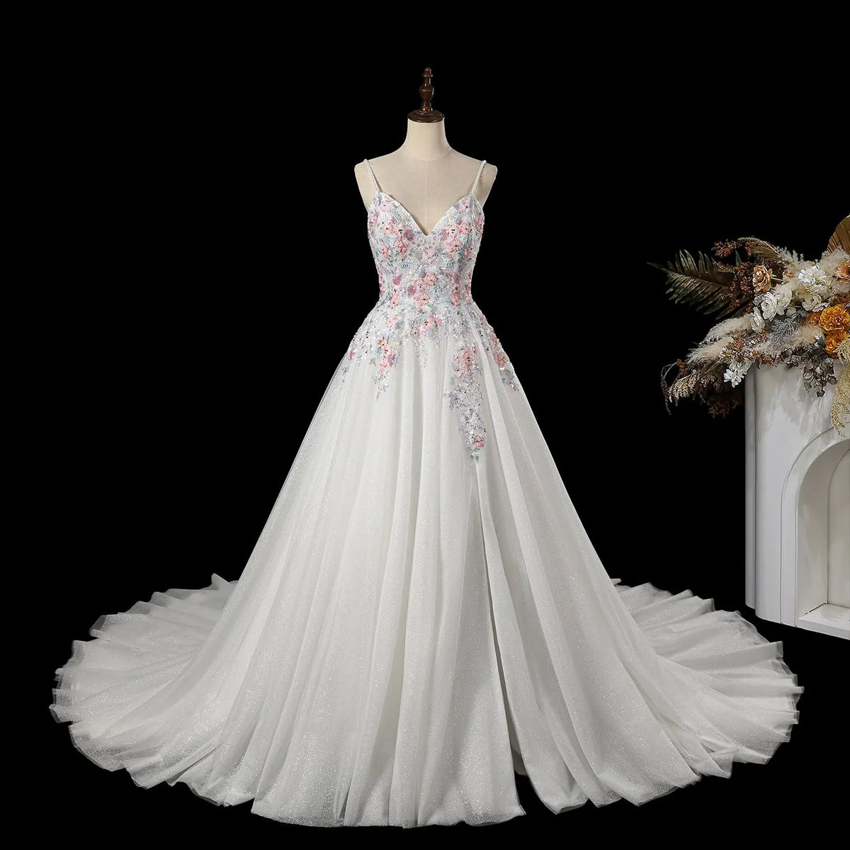 Glamorous Colorful Floral Applique A-Line Tulle Wedding Dress with Tra SHARONSAID Glamorous Colorful Floral Applique A-Line Tulle Wedding Dress with Tra SHARONSAID