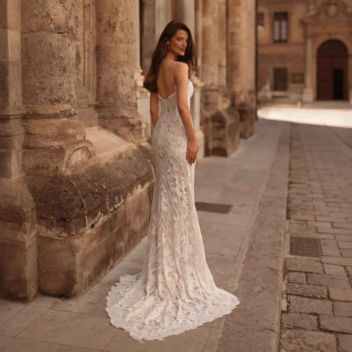 Sophisticated High Cold Shoulder Beaded Lace Fitted Wedding Dress SW175 