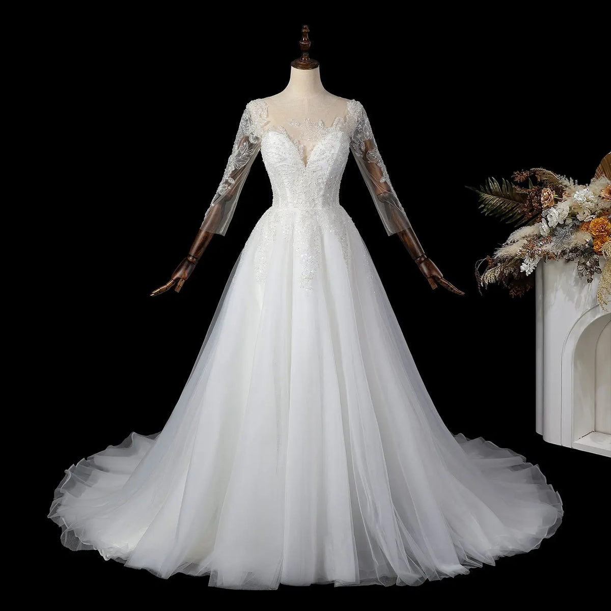 White Beaded Neck Lace Wedding Dress SW709