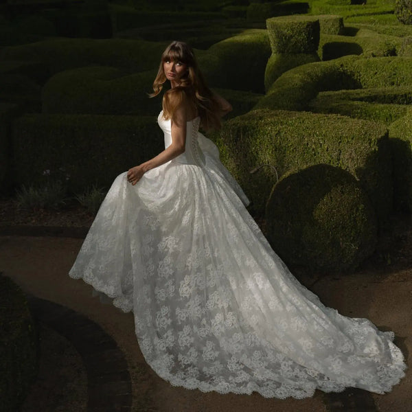 wedding dress back corset Glamorous White Corset Lace-Up Back Allover Lace Chapel Train Wedding – SHARONSAID