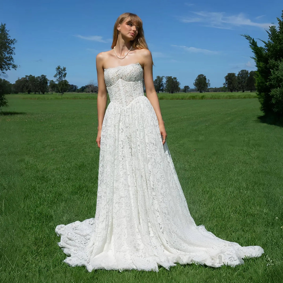 flowy lace wedding dress Romantic Off White Floral Lace Embroidery Tube Top Flowy A-Line Train – SHARONSAID