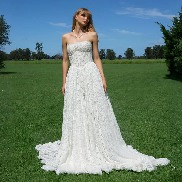 flowy wedding dresses lace Romantic Off White Floral Lace Embroidery Tube Top Flowy A-Line Train –  SHARONSAID