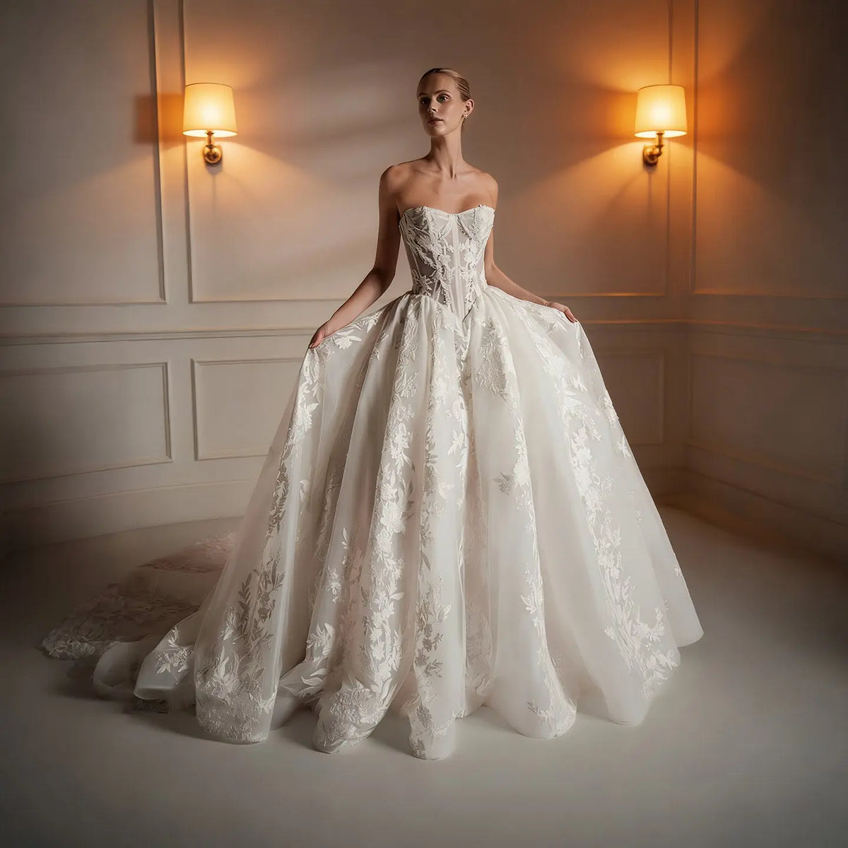 Luxury Strapless Floral Embroidery Ball Gown Wedding Dress with Veil SW169 