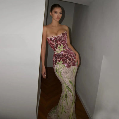 Luxury Purple Green Beaded sequin Cape Train Evening Dress SS511 