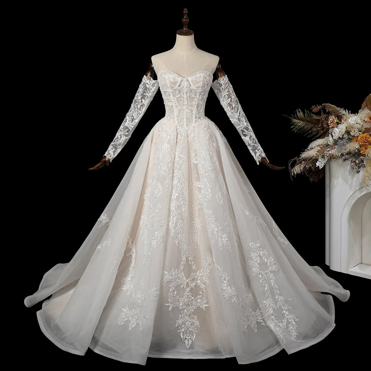 Ivory Corset Lace Tulle Wedding Dress SW703