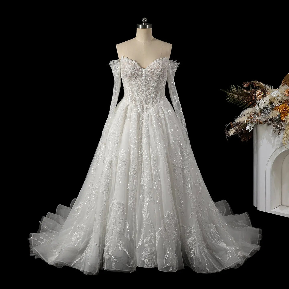 White Long Sleeve Ball Gown Wedding Dress SW702