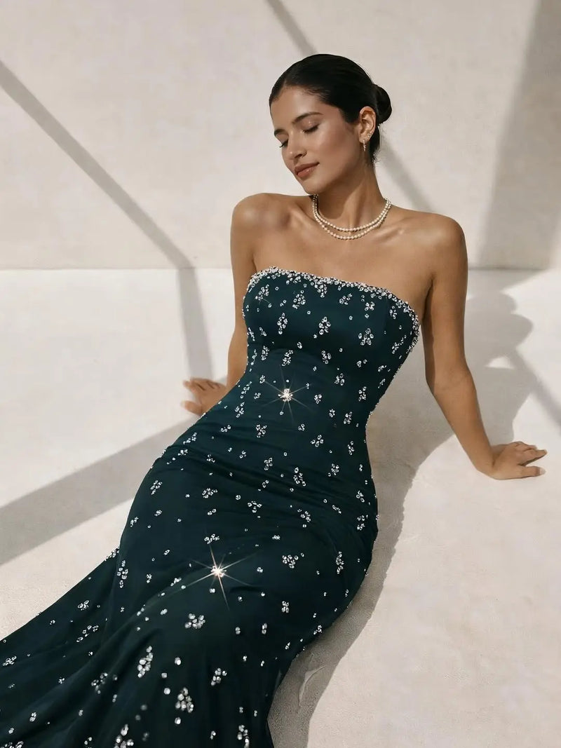 Elegant Rhinestones Strapless Emerald Green Evening Dress SS221 