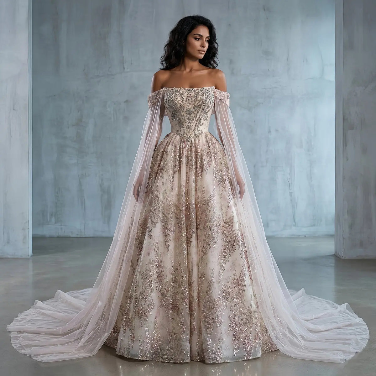long sleeve rose gold wedding dress Pink Champagne Shiny Sequined Tulle Long Sleeves Wedding Dresses, CW0205 Custom Size(leaving a note) / As Pic