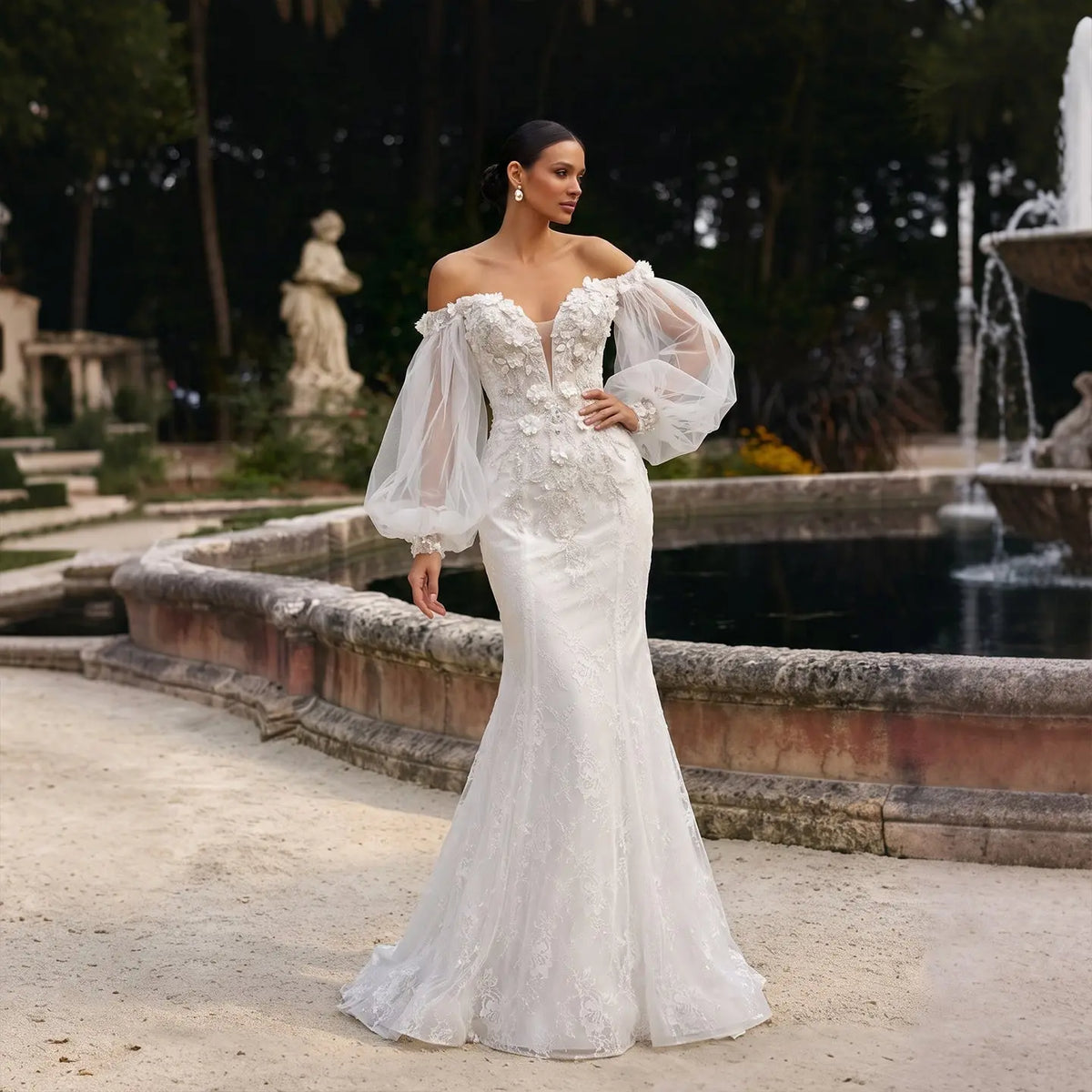 White Puff Sleeve 3D Floral Mermaid Wedding Dress SW630