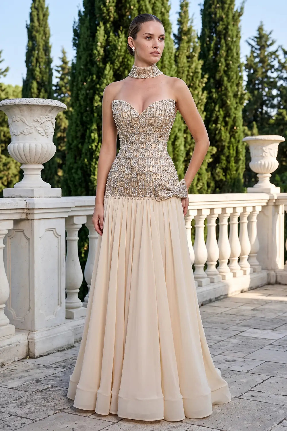 Gold Beaded Corset Evening Dress with Choker SS504