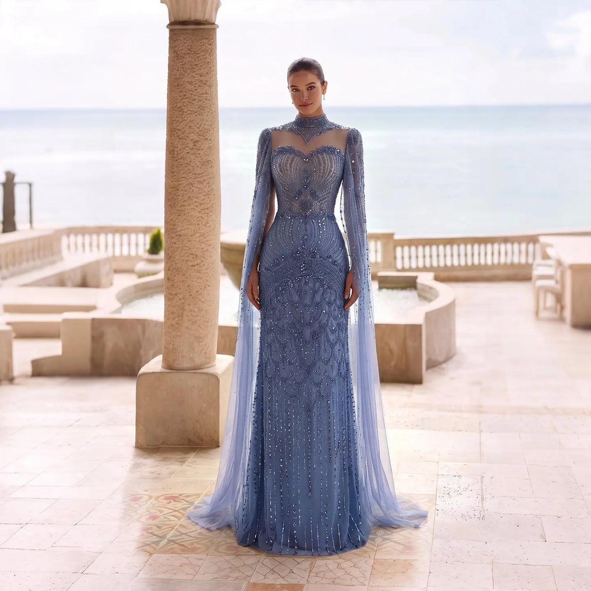 Elegant Blue Beaded Cape Sleeve Evening Dress SS079