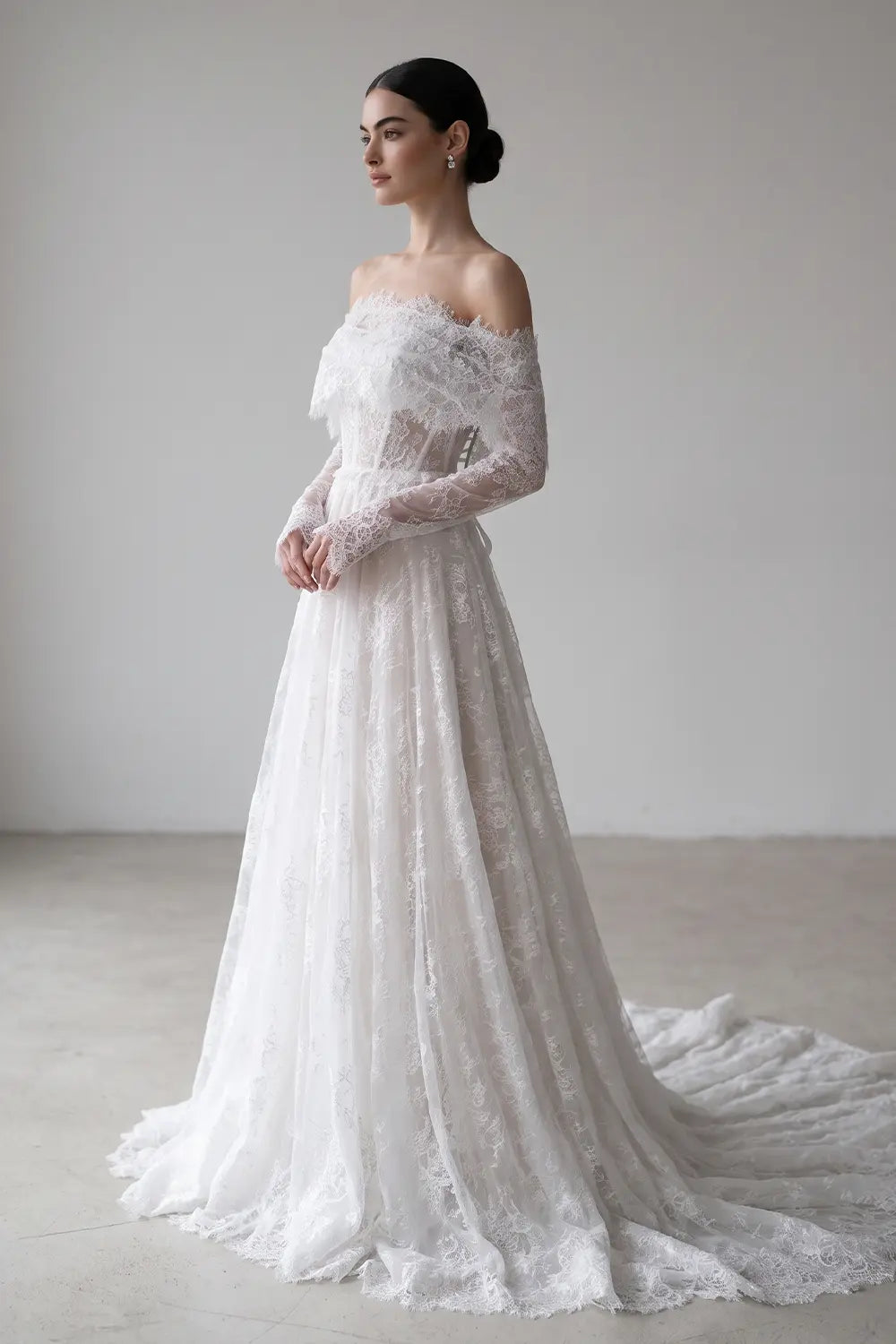 White Off Shoulder Long Sleeve Wedding Dress SW542