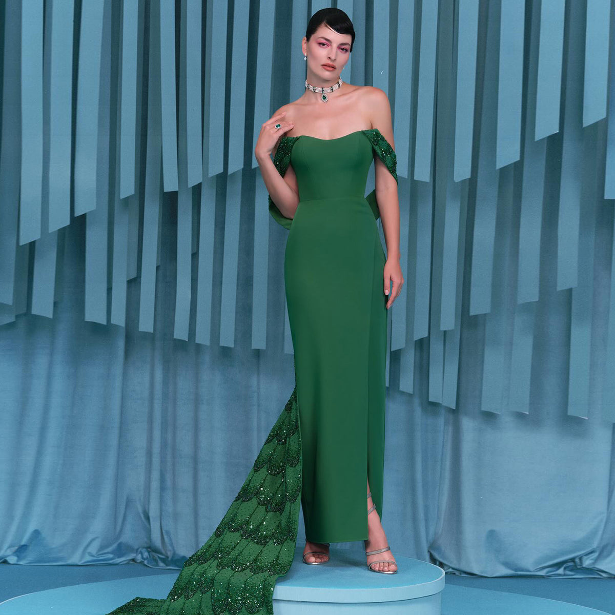 Elegant Emerald Green Beaded Mermaid Evening Dress with Overskirt SS645 